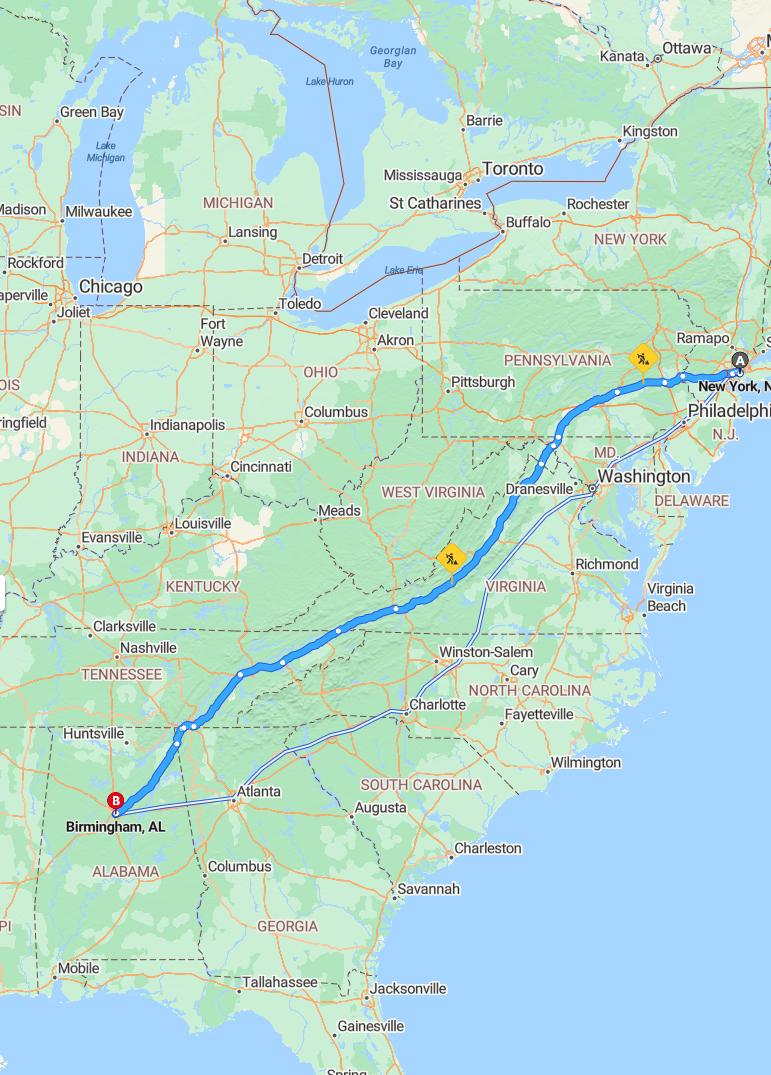 driving from New York, New York to BirminghamAlabama - map and route