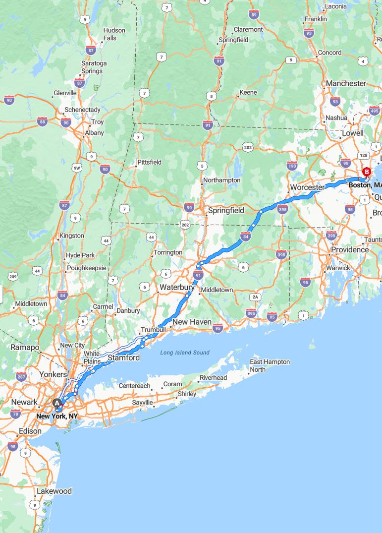driving from New York, New York to BostonMassachusetts - map and route