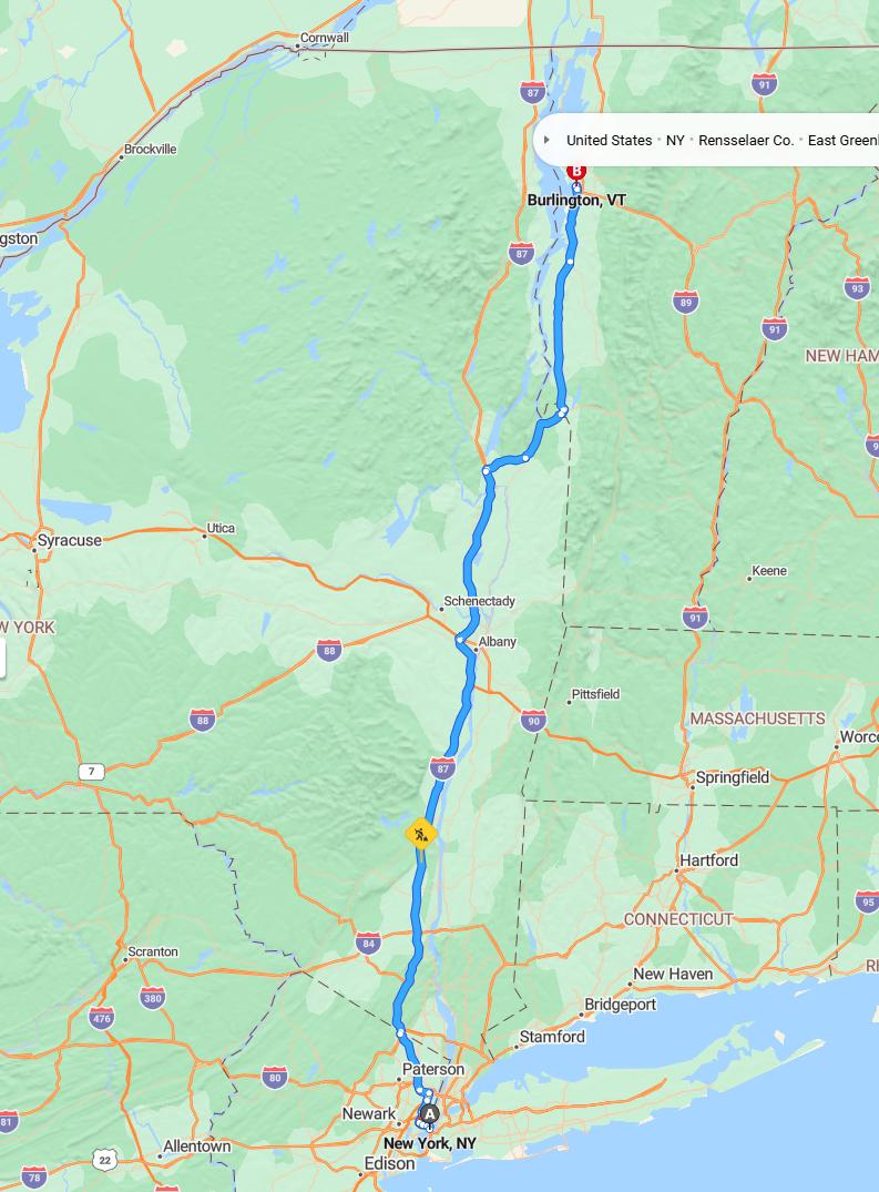 driving from New York, New York to BurlingtonVermont - map and route