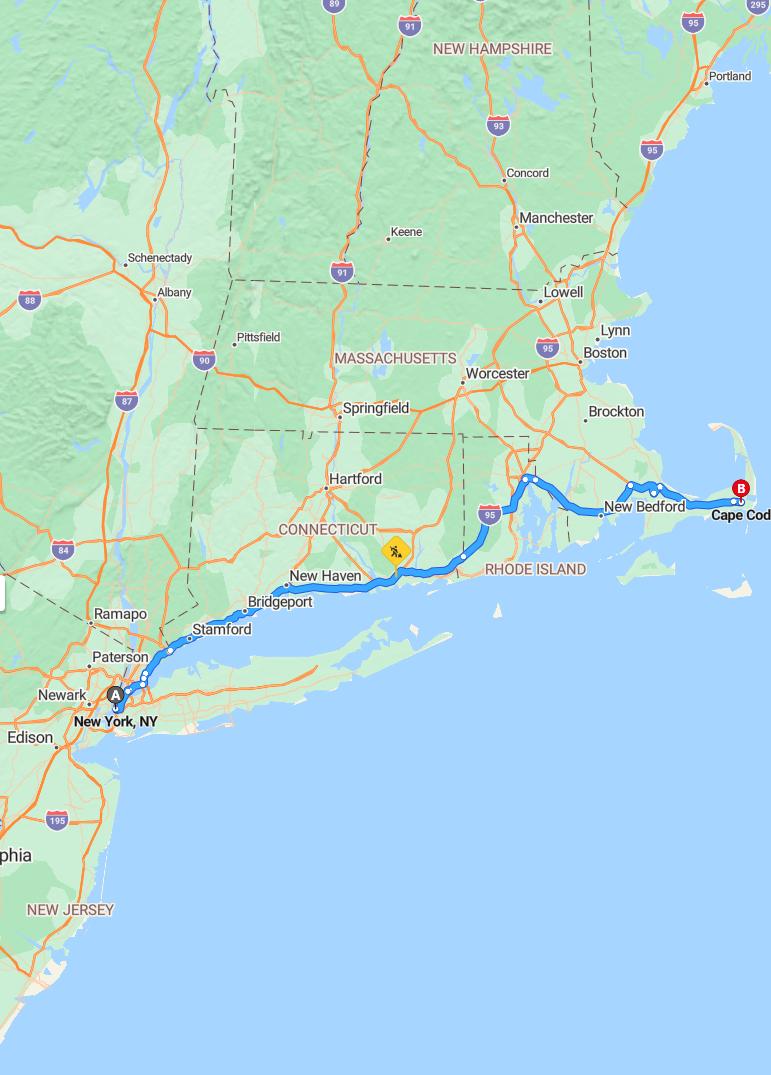 driving from New York, New York to Cape CodMassachusetts - map and route