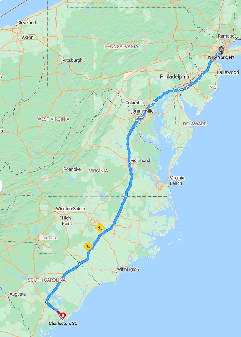 driving from New York, New York to CharlestonSouth Carolina - map and route