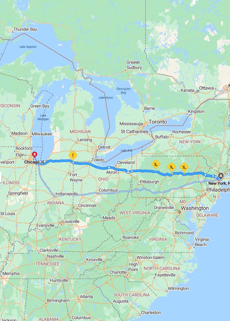 driving from New York, New York to ChicagoIllinois - map and route
