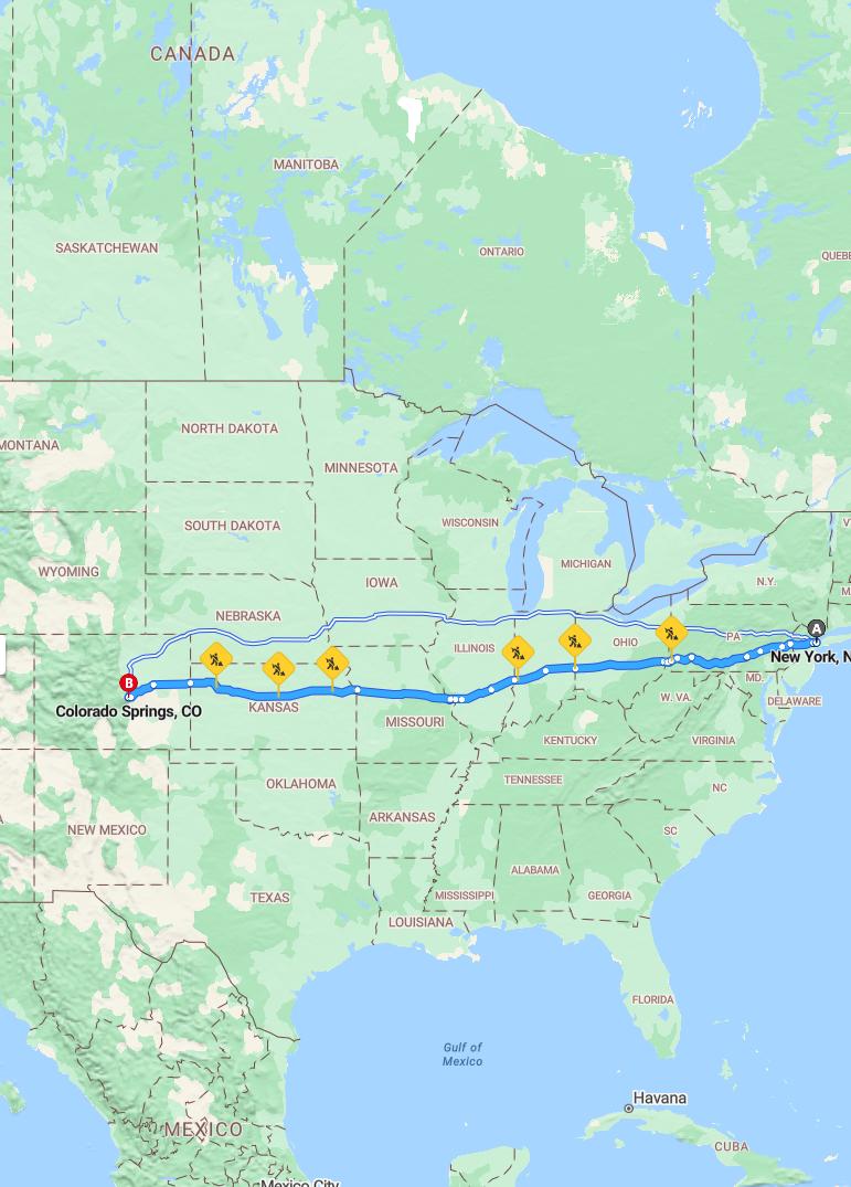 driving from New York, New York to Colorado SpringsColorado - map and route