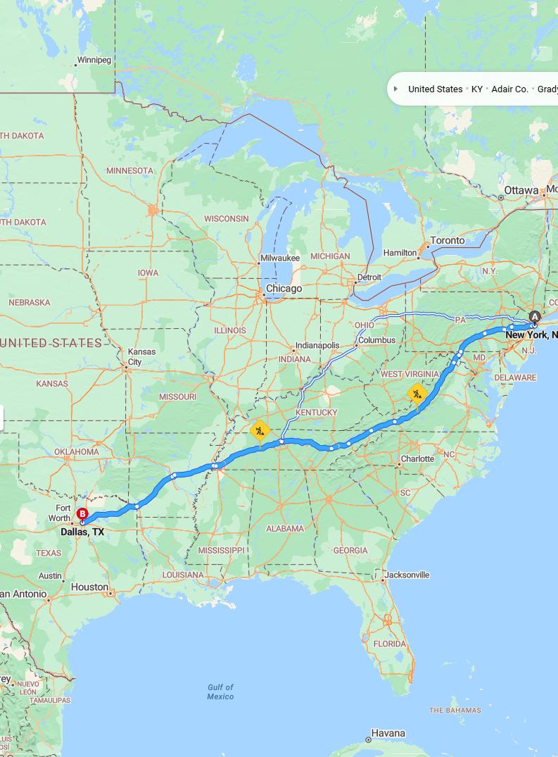 driving from New York, New York to DallasTexas - map and route
