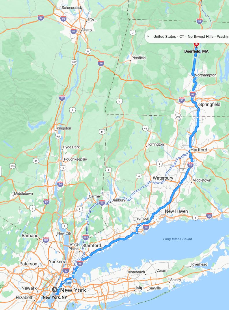 driving from New York, New York to DeerfieldMassachusetts - map and route