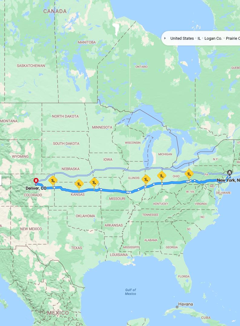 driving from New York, New York to DenverColorado - map and route