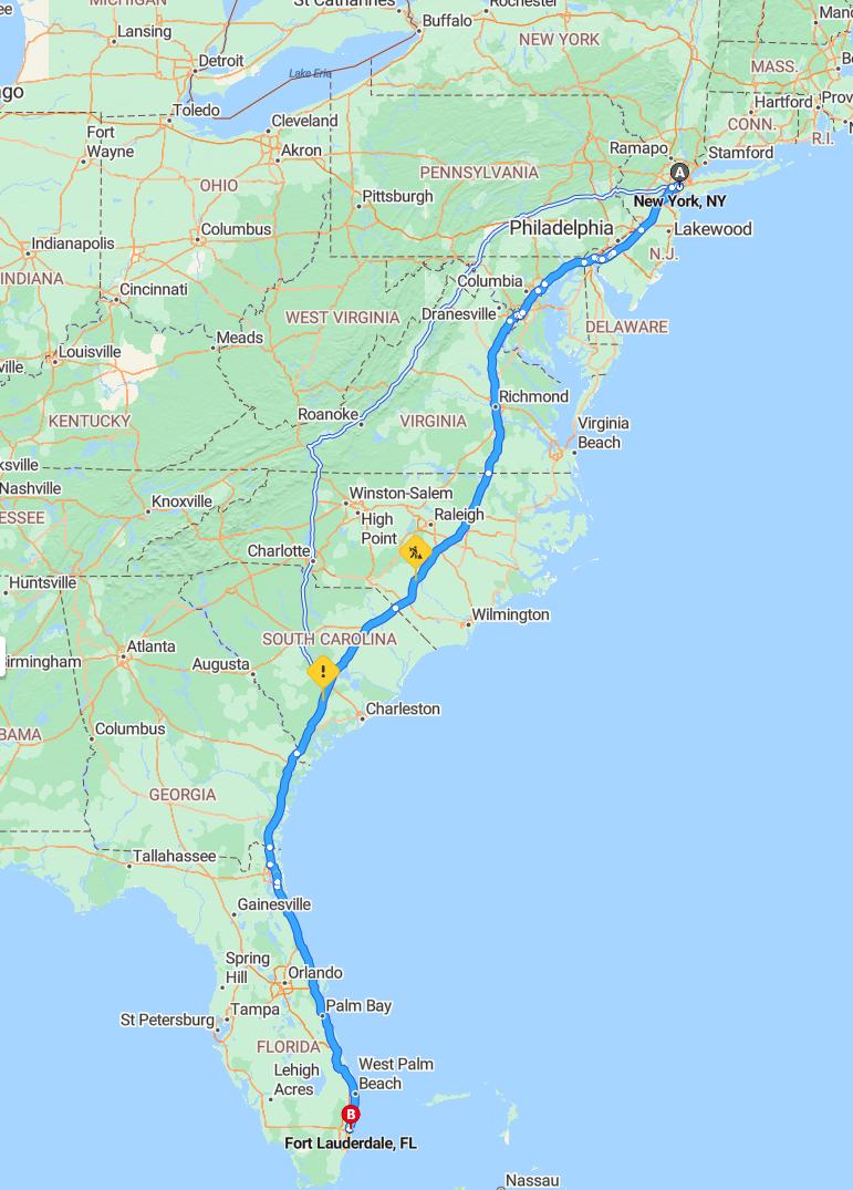 driving from New York, New York to Fort LauderdaleFlorida - map and route