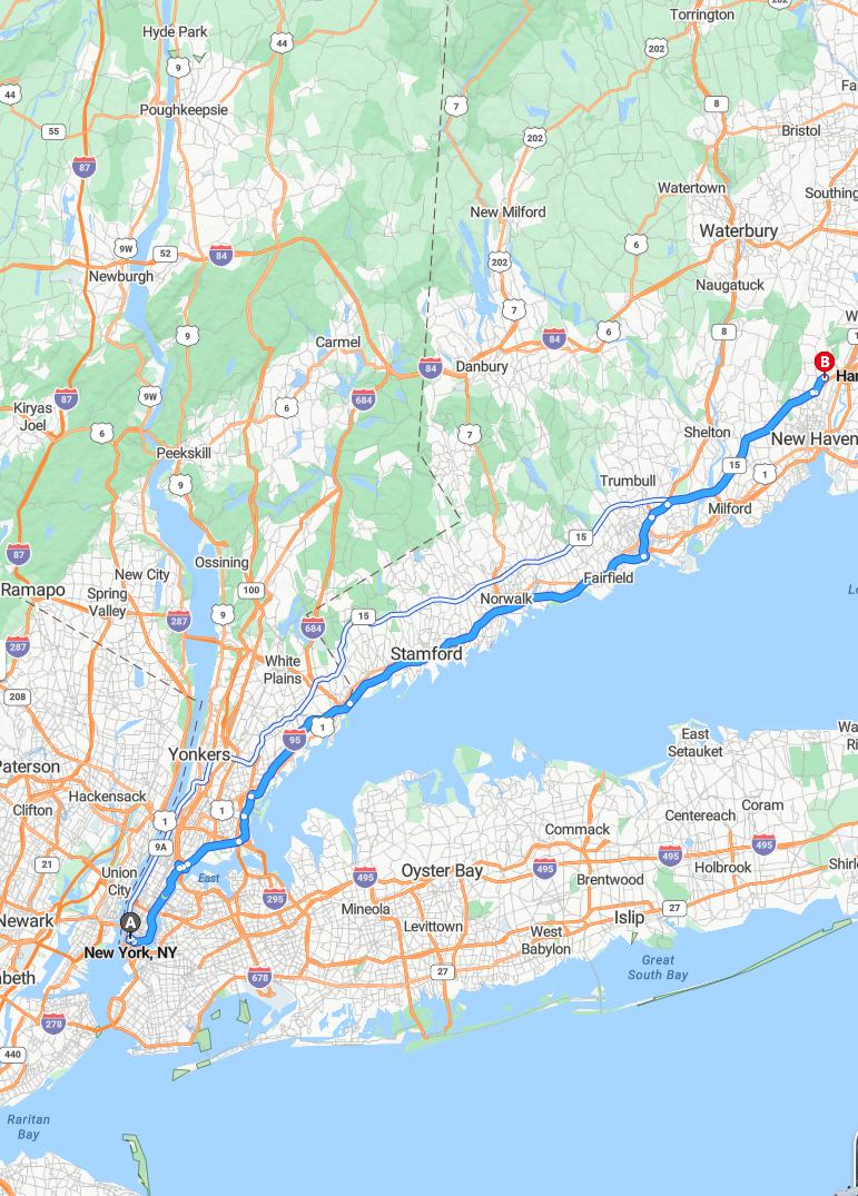driving from New York, New York to HamdenConnecticut - map and route