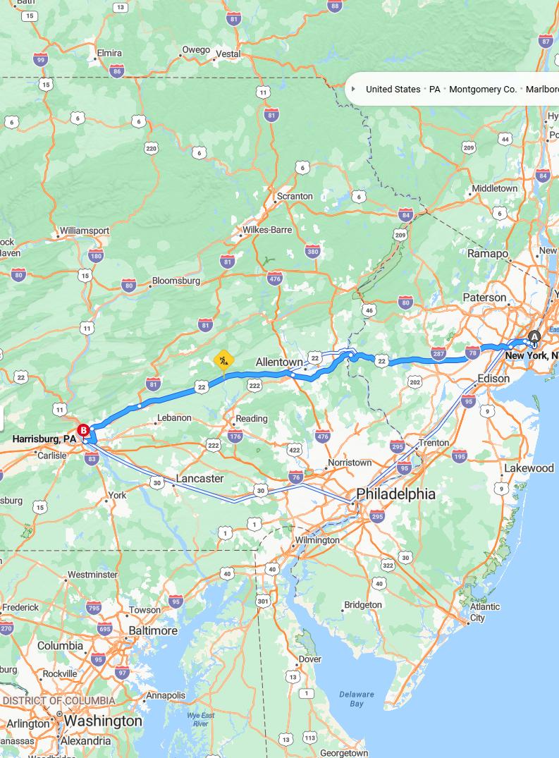 driving from New York, New York to HarrisburgPennsylvania - map and route