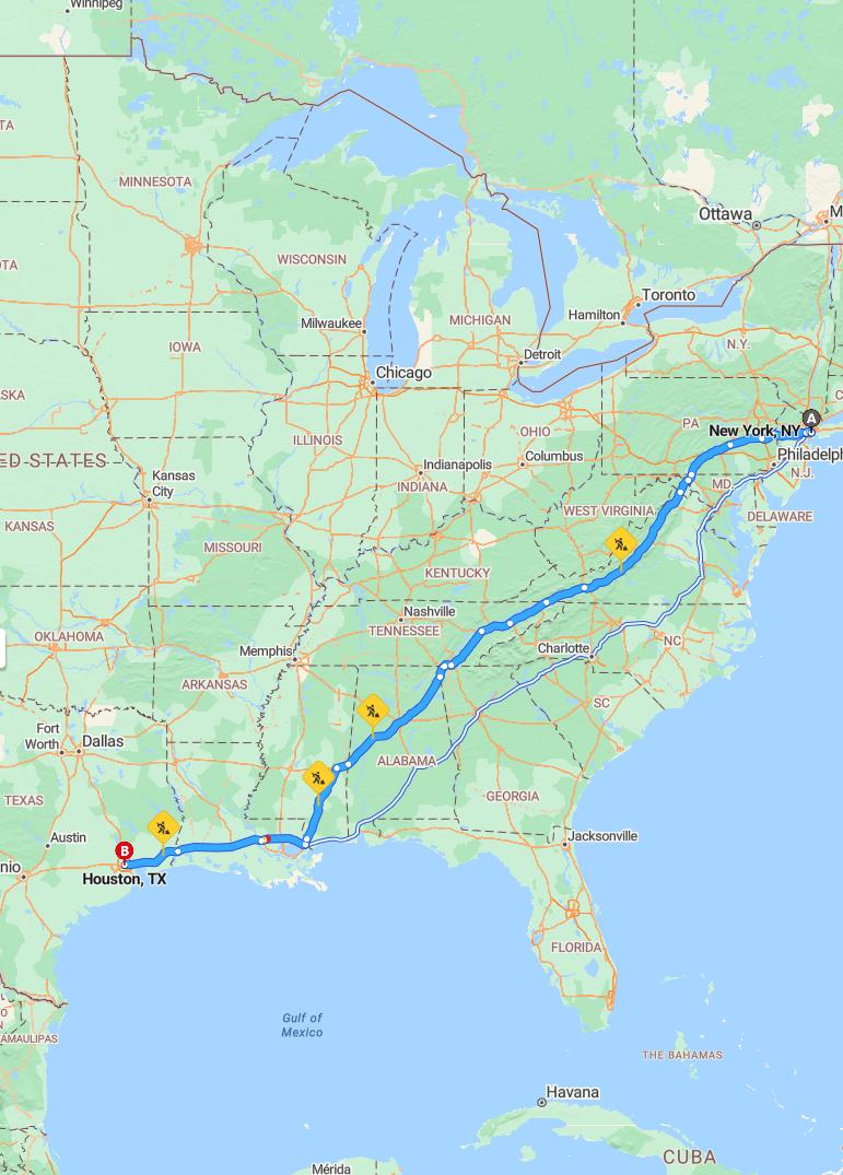 driving from New York, New York to HoustonTexas - map and route