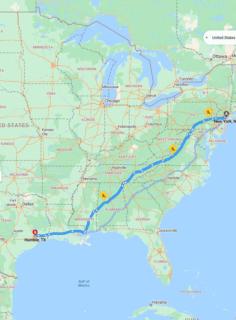 driving from New York, New York to HumbleTexas - map and route