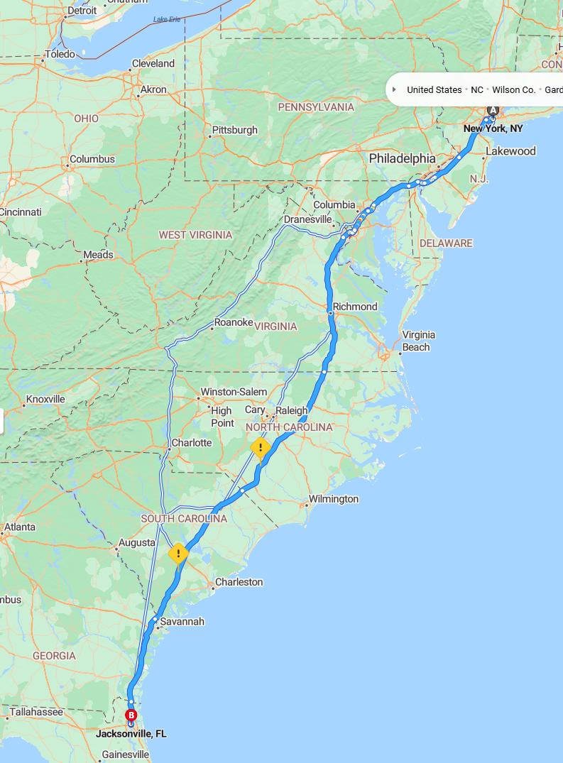 driving from New York, New York to JacksonvilleFlorida - map and route
