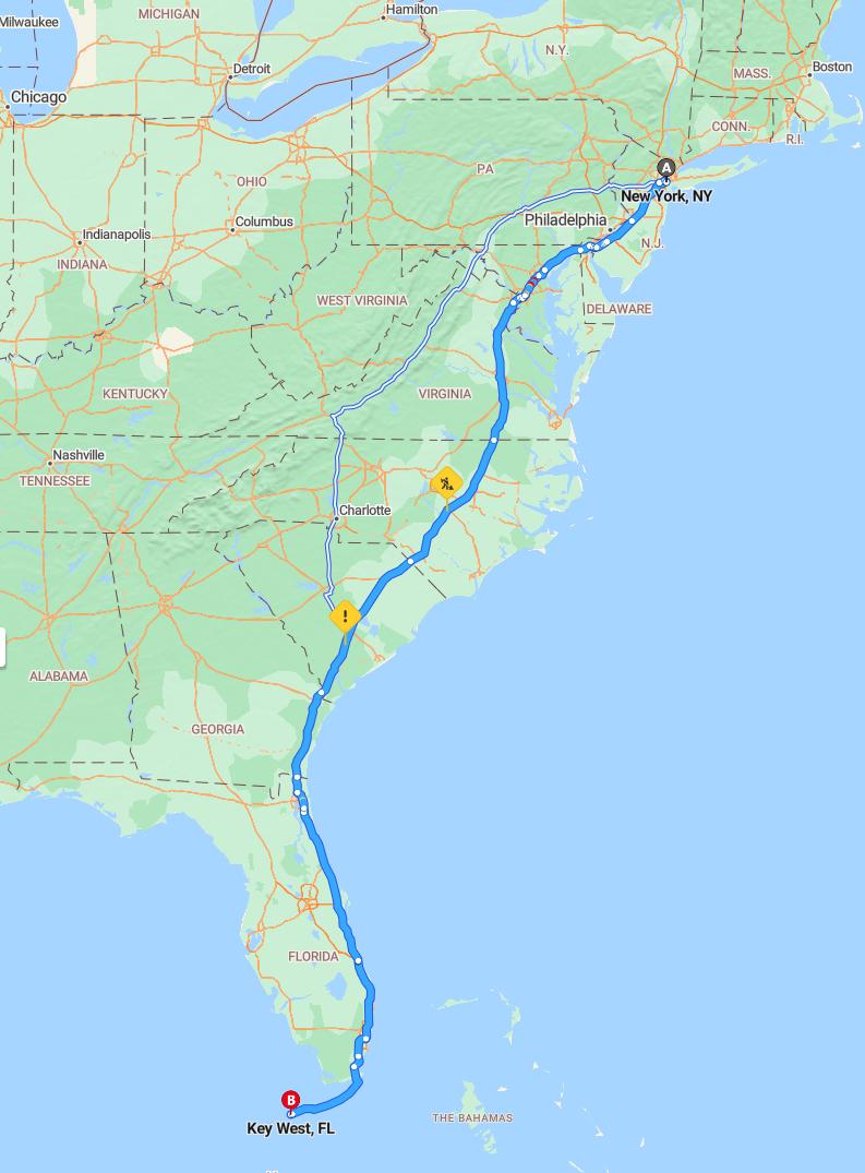 driving from New York, New York to Key WestFlorida - map and route