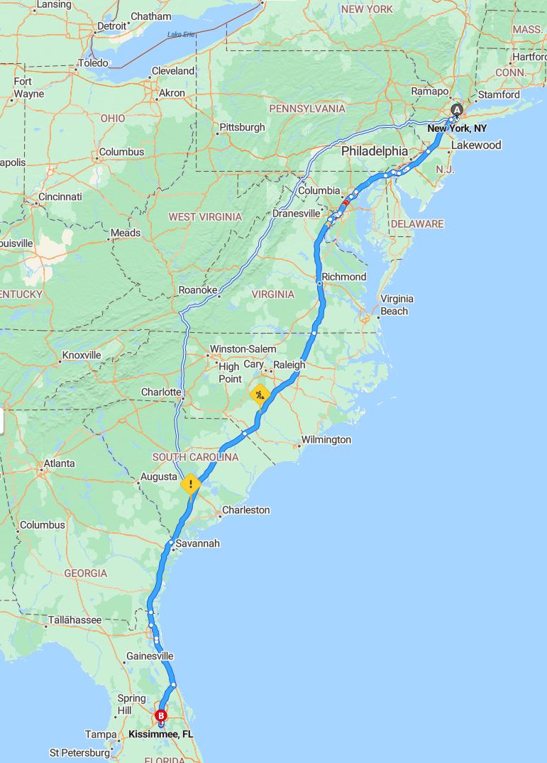 driving from New York, New York to KissimmeeFlorida - map and route