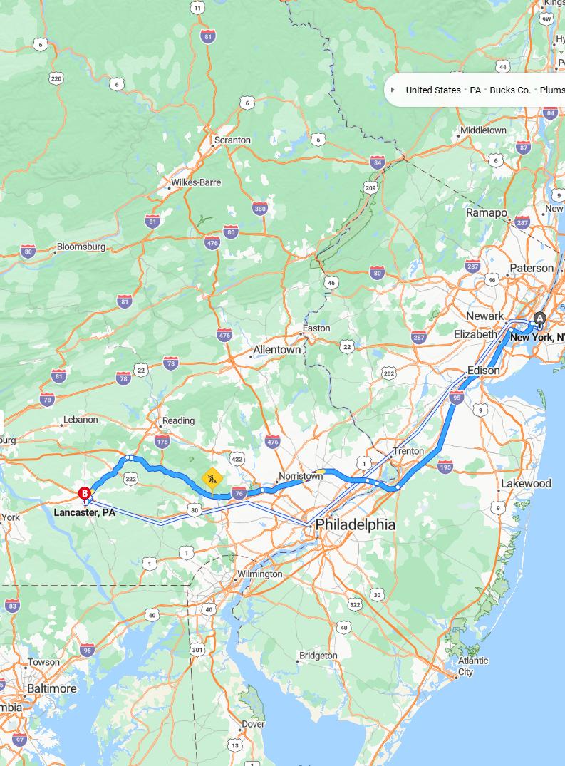 driving from New York, New York to LancasterPennsylvania - map and route