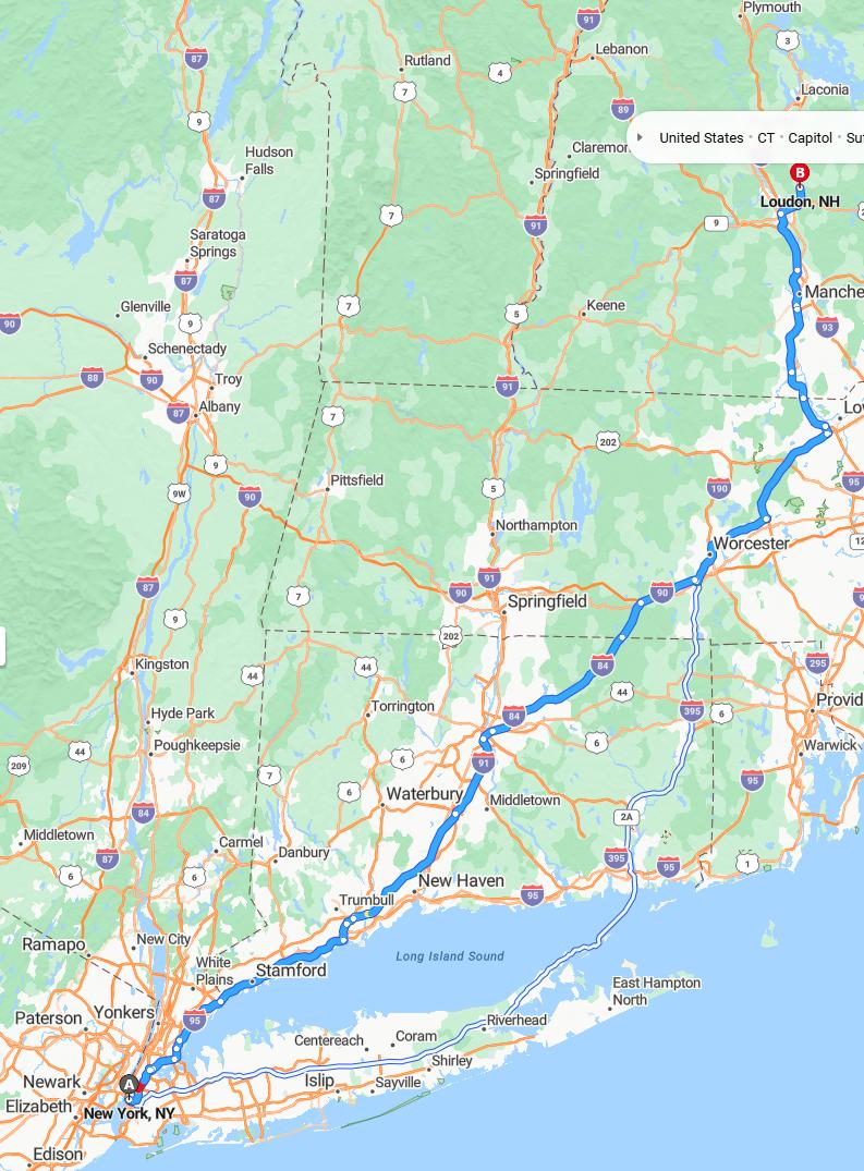 driving from New York, New York to LoudonNew Hampshire - map and route