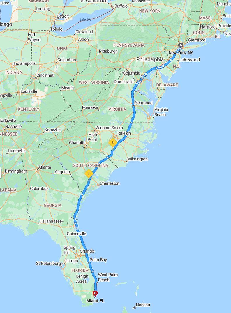 driving from New York, New York to MiamiFlorida - map and route