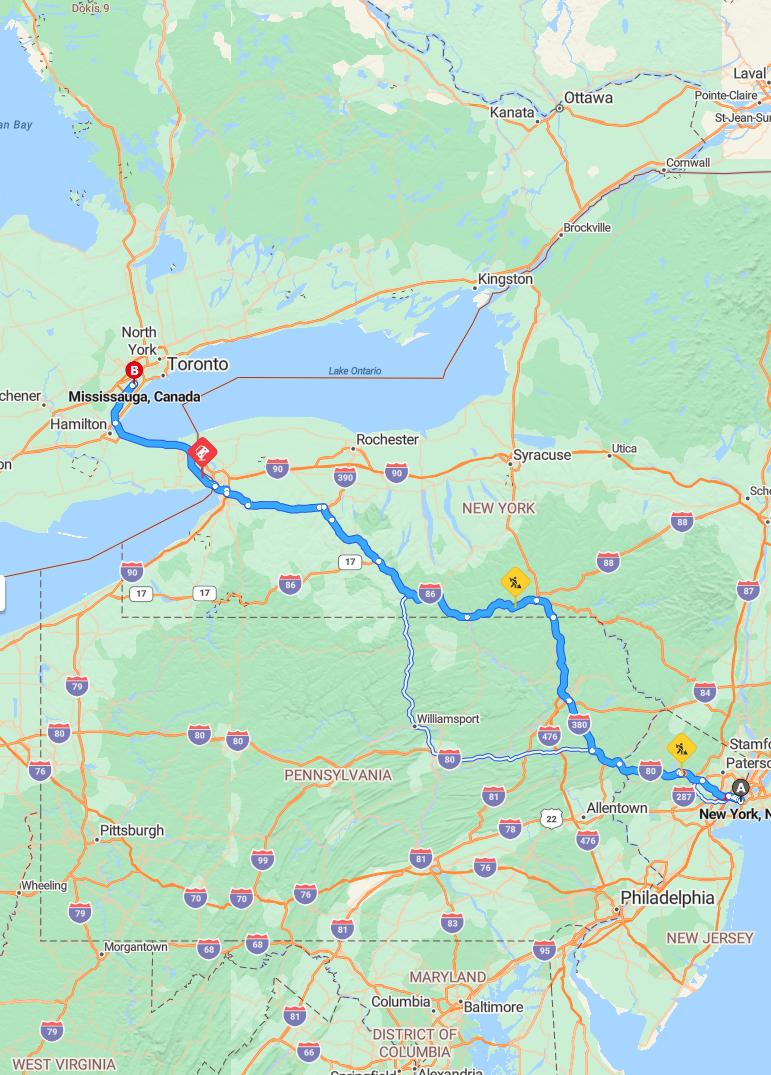 driving from New York, New York to MississaugaOntario - map and route
