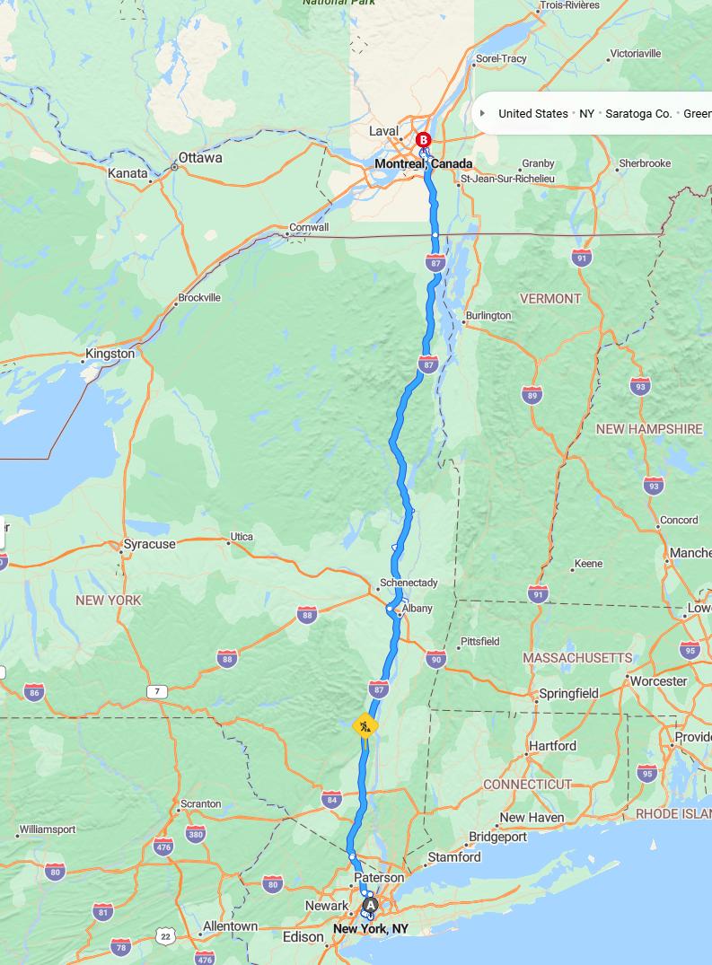 driving from New York, New York to MontrealQuebec - map and route
