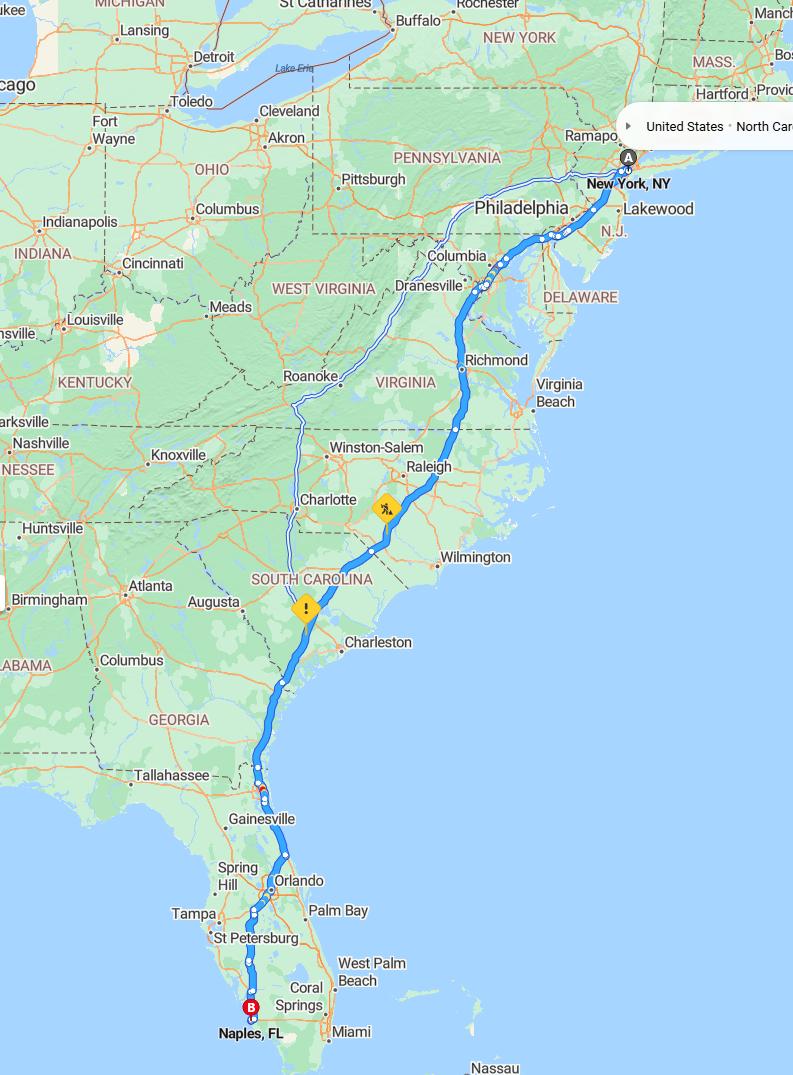 driving from New York, New York to NaplesFlorida - map and route