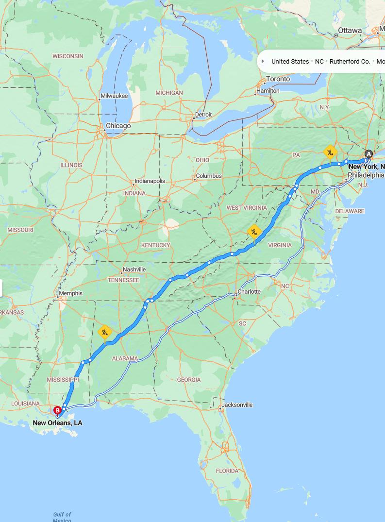 driving from New York, New York to New OrleansLouisiana - map and route