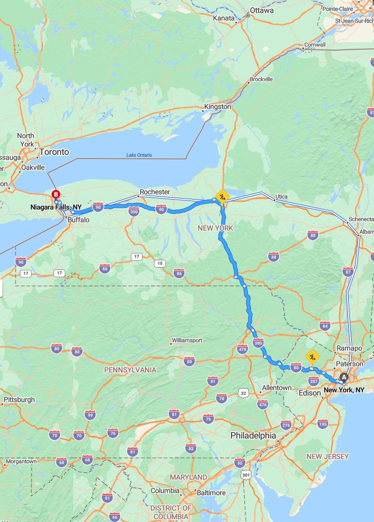 driving from New York, New York to Niagara FallsNew York - map and route