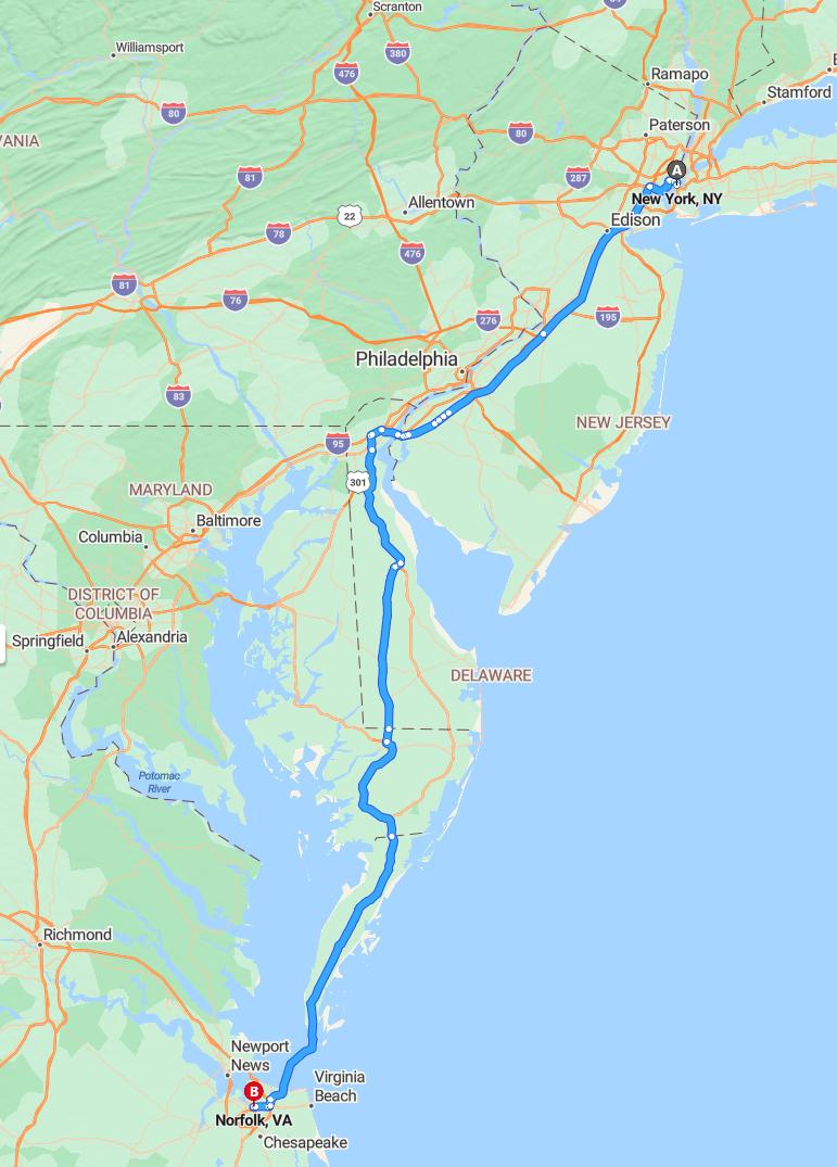 driving from New York, New York to NorfolkVirginia - map and route