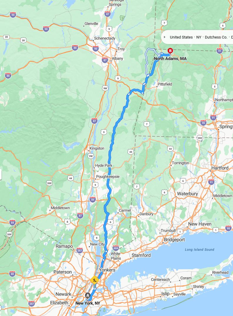 driving from New York, New York to North AdamsMassachusetts - map and route