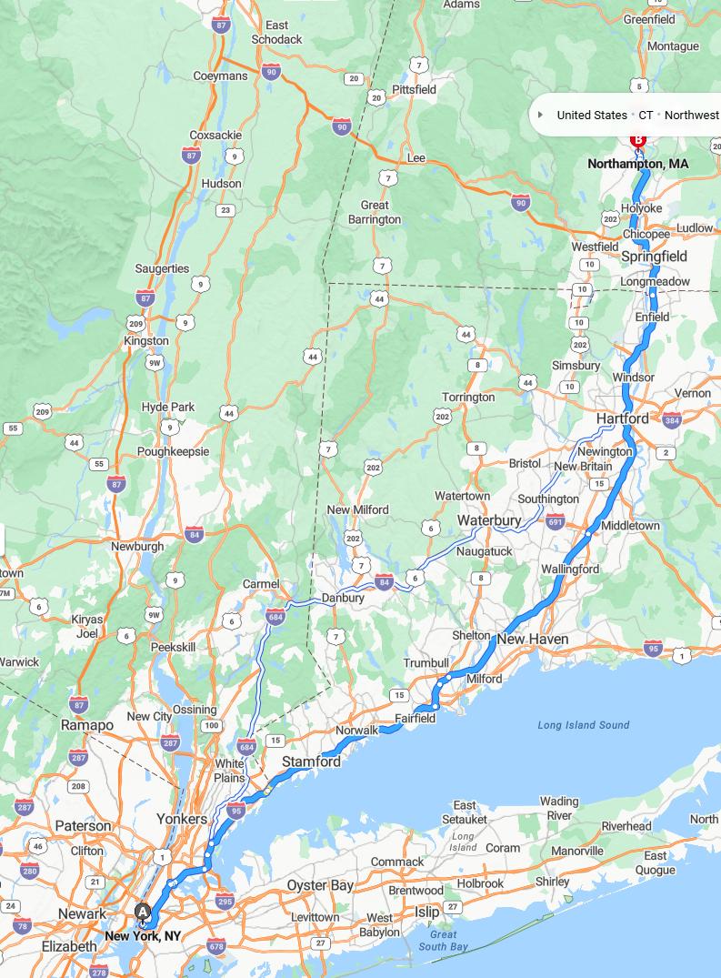 driving from New York, New York to NorthamptonMassachusetts - map and route