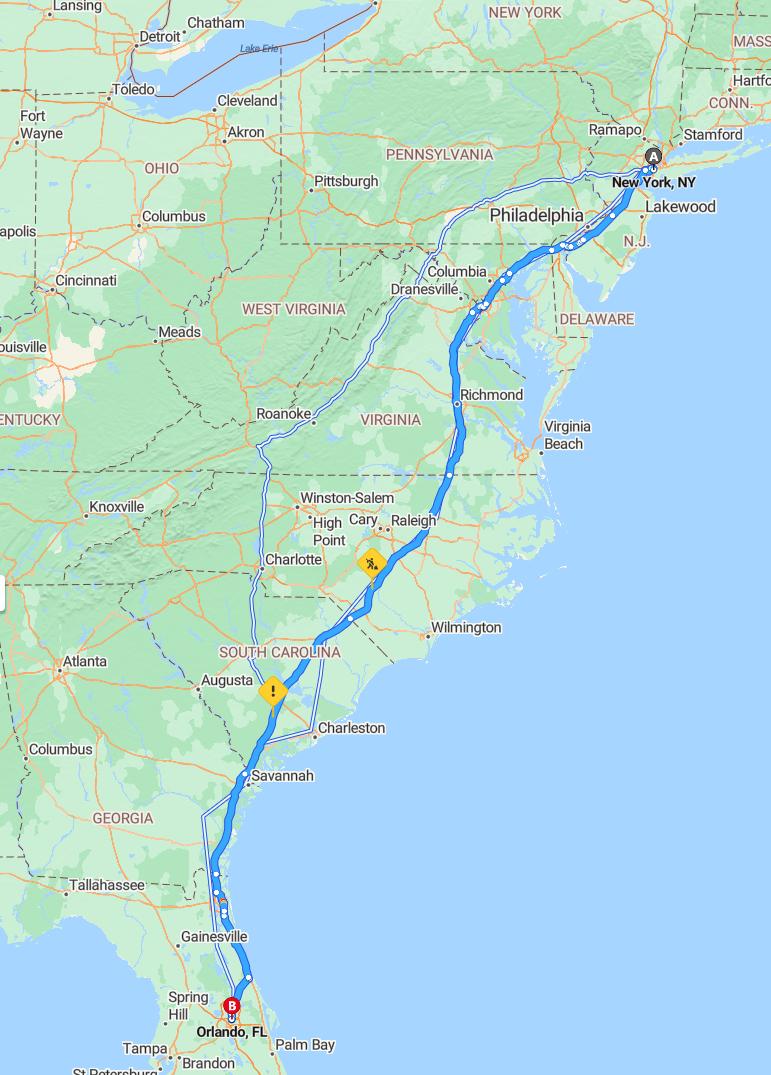 driving from New York, New York to OrlandoFlorida - map and route