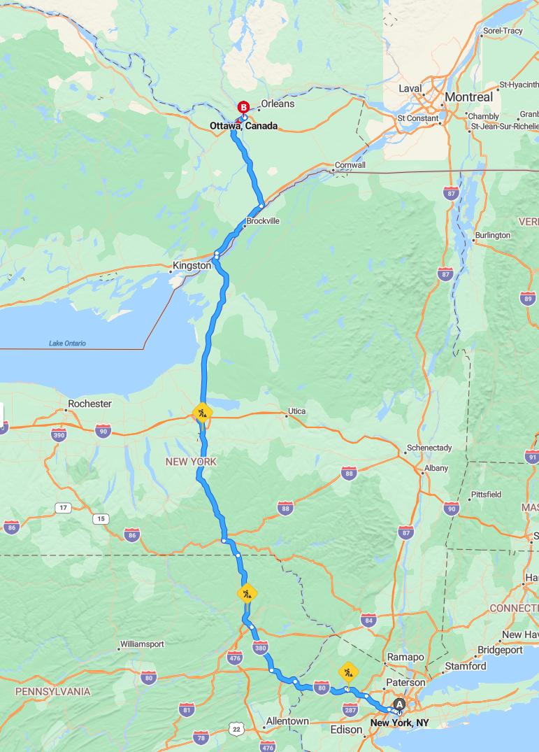driving from New York, New York to OttawaOntario - map and route