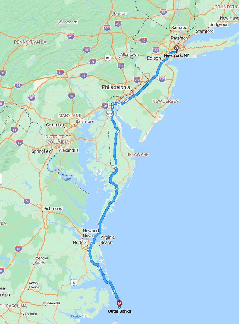 driving from New York, New York to Outer BanksNorth Carolina - map and route