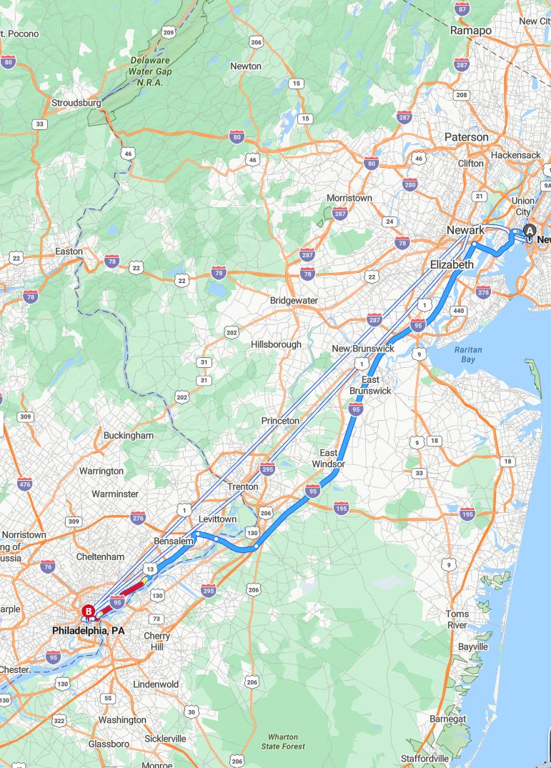driving from New York, New York to PhiladelphiaPennsylvania - map and route