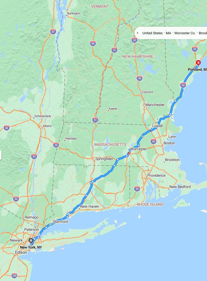 driving from New York, New York to PortlandMaine - map and route
