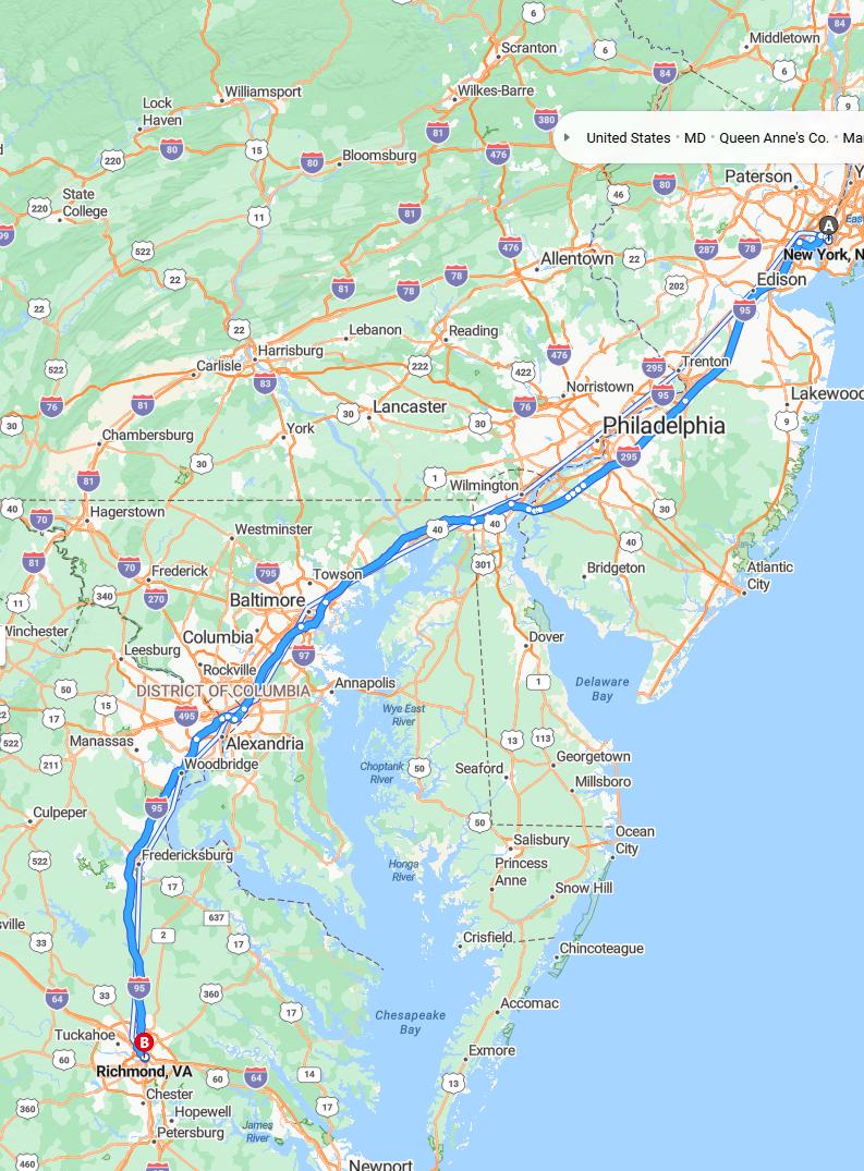 driving from New York, New York to RichmondVirginia - map and route