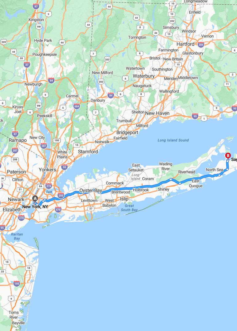 driving from New York, New York to Sag HarborNew York - map and route