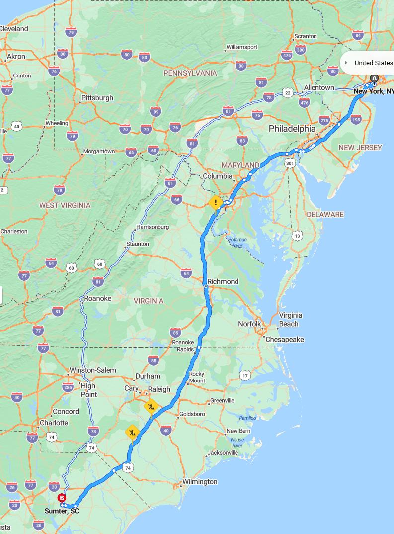 driving from New York, New York to SumterSouth Carolina - map and route
