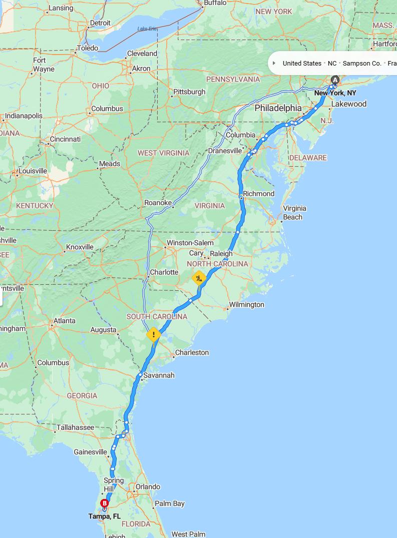 driving from New York, New York to TampaFlorida - map and route