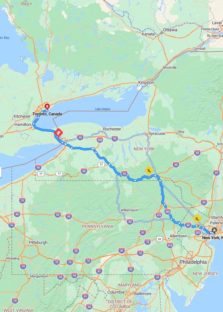 driving from New York, New York to TorontoOntario - map and route