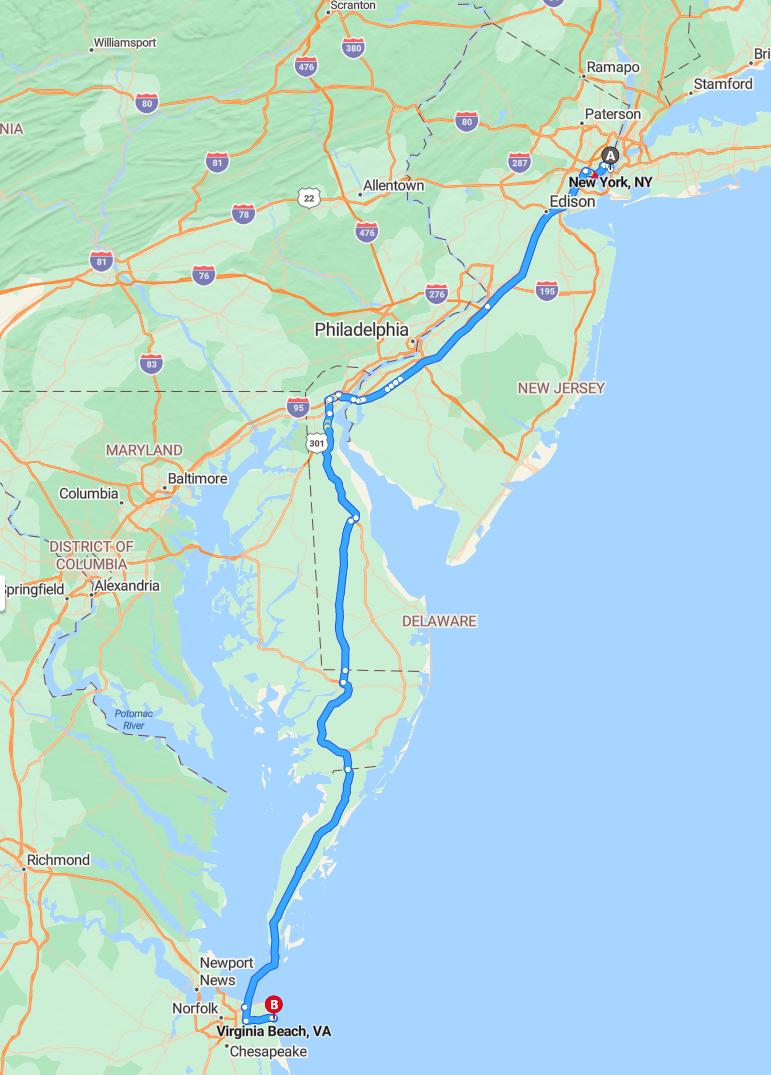 driving from New York, New York to Virginia BeachVirginia - map and route