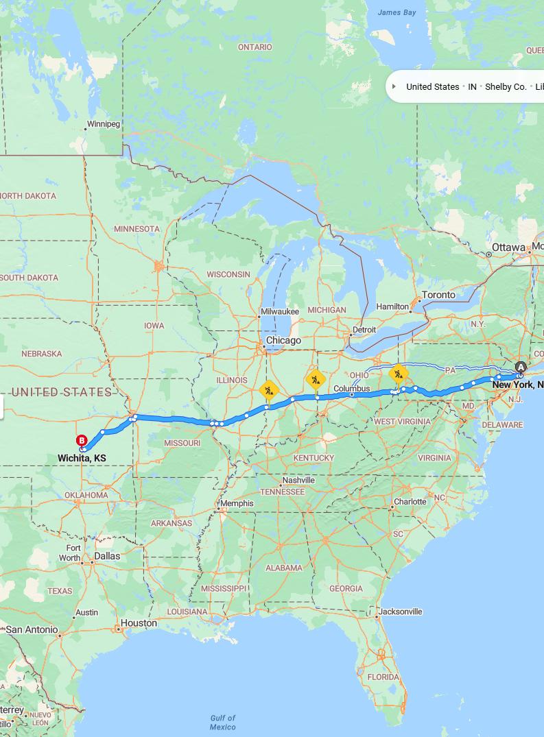 driving from New York, New York to WichitaKansas - map and route