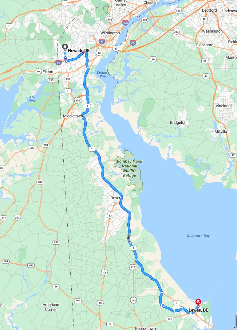 driving from Newark, Delaware to LewesDelaware - map and route