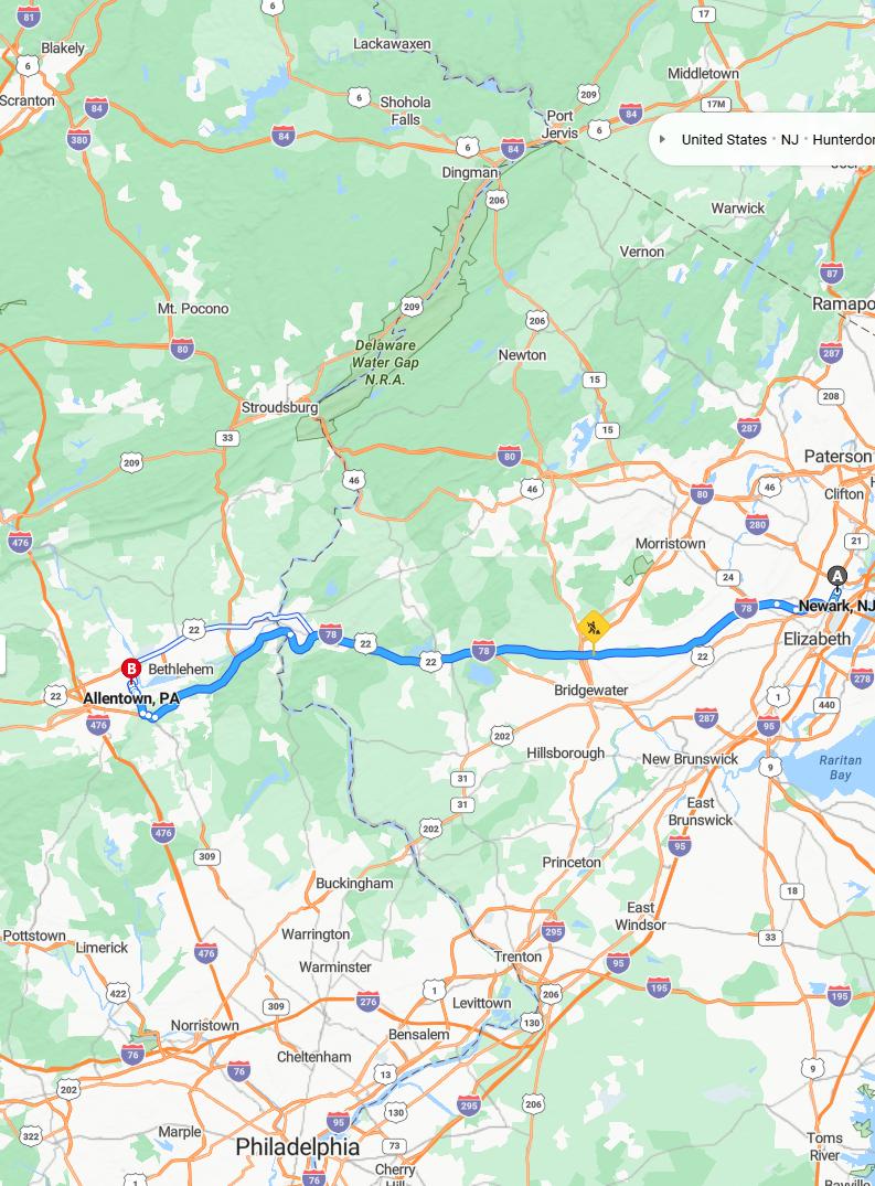 driving from Newark, New Jersey to AllentownPennsylvania - map and route