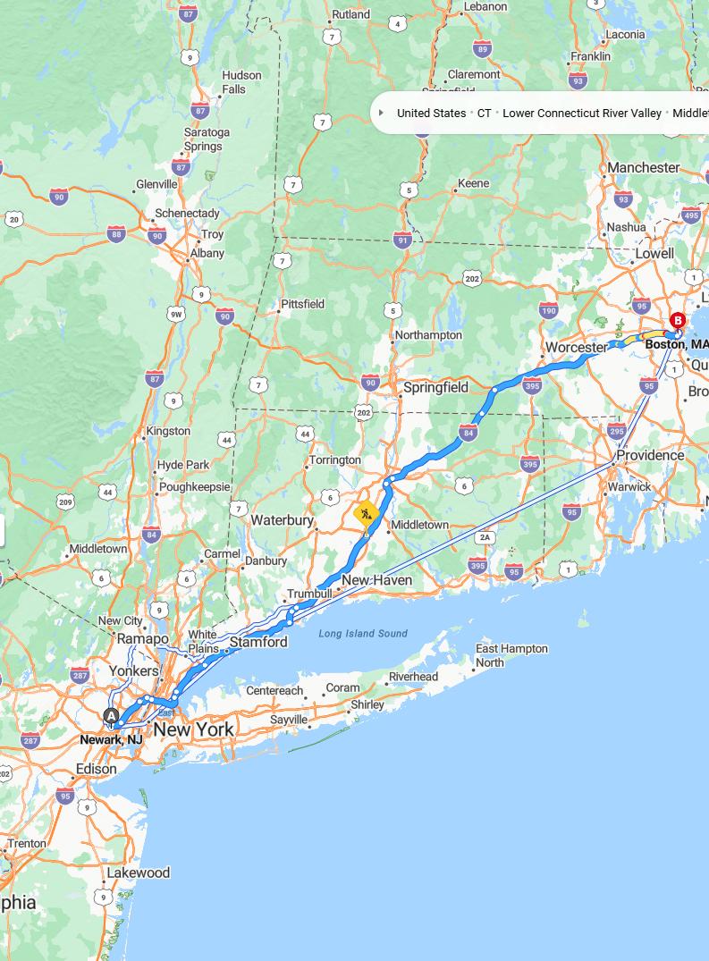 driving from Newark, New Jersey to BostonMassachusetts - map and route