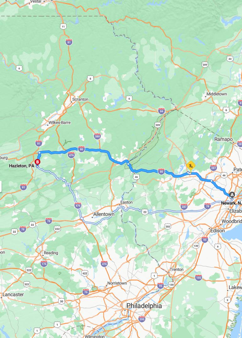 driving from Newark, New Jersey to HazletonPennsylvania - map and route
