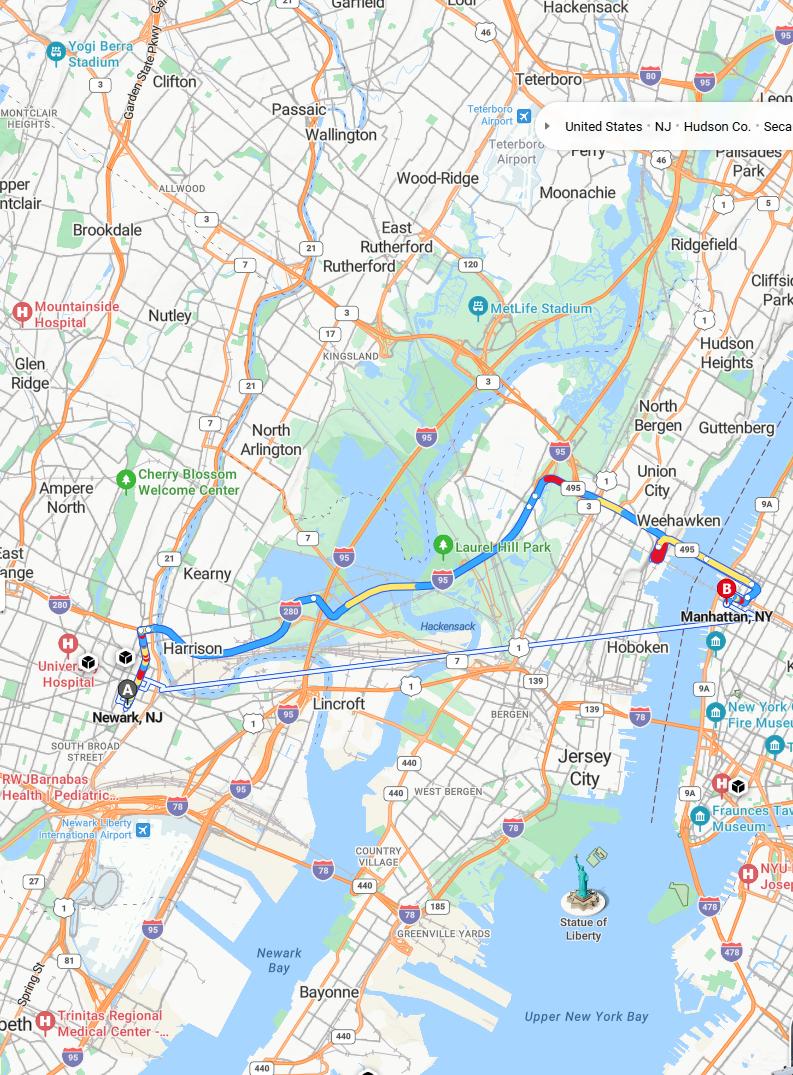 driving from Newark, New Jersey to ManhattanNew York - map and route