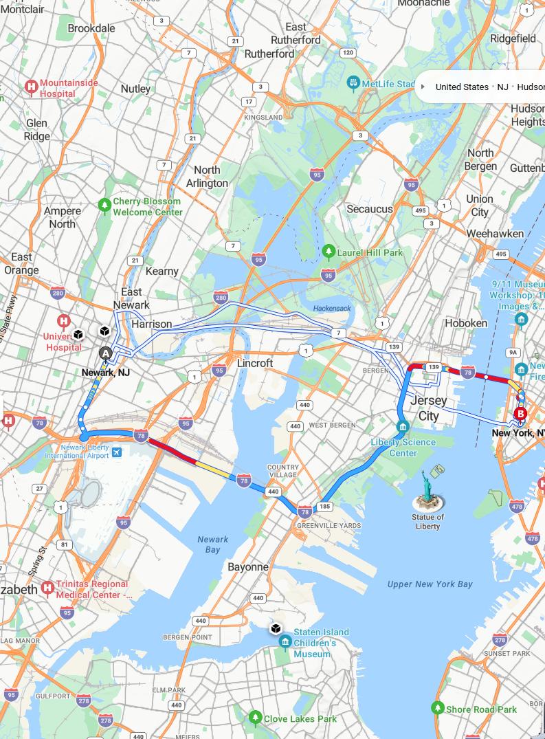 driving from Newark, New Jersey to New YorkNew York - map and route