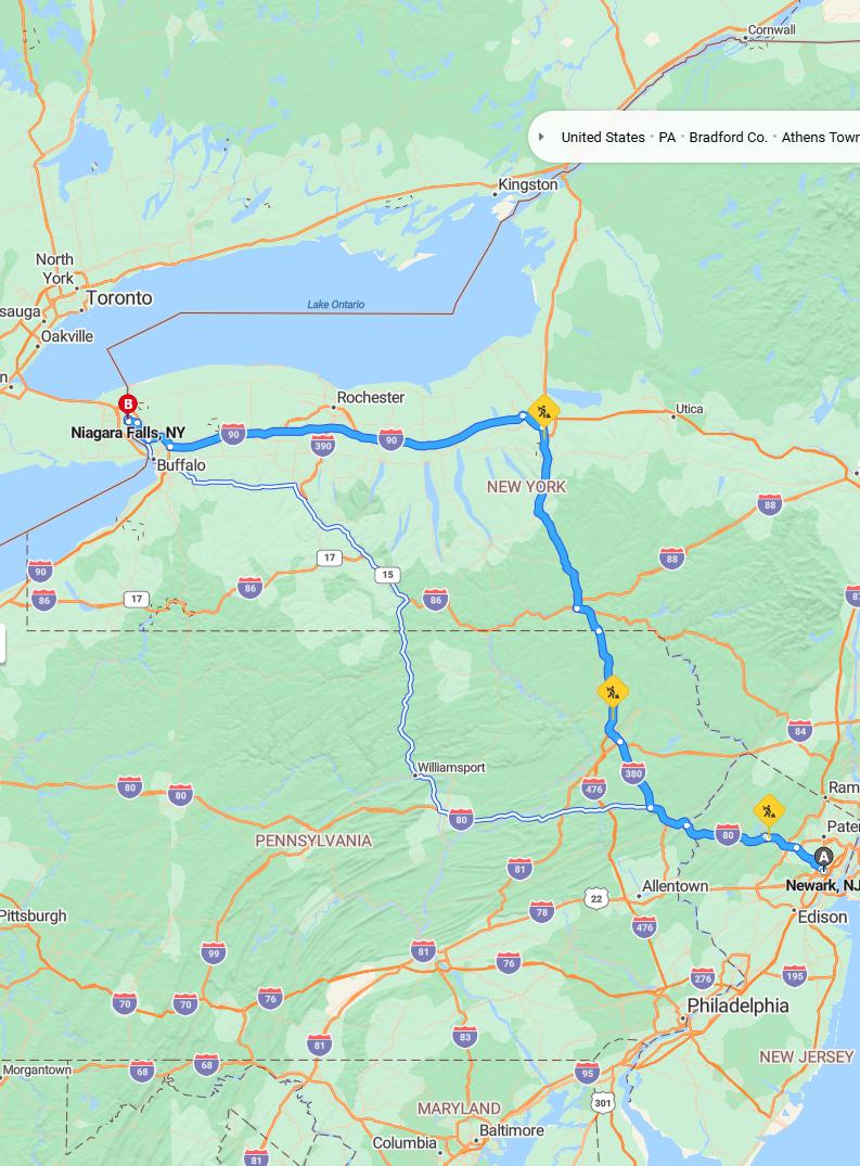 driving from Newark, New Jersey to Niagara FallsNew York - map and route