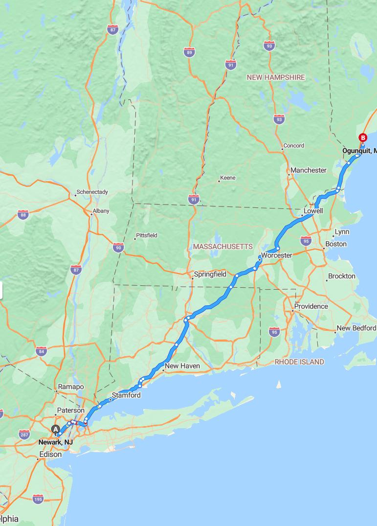 driving from Newark, New Jersey to OgunquitMaine - map and route
