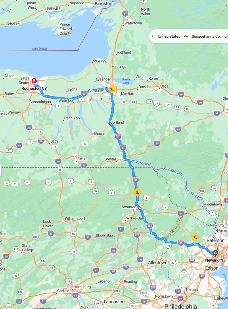 driving from Newark, New Jersey to RochesterNew York - map and route